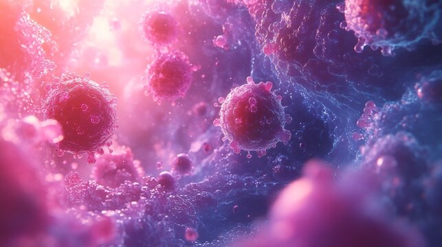 Microscopic view showcases numerous infectious agents. The pink and purple palette enhances the scientific yet artistic representation. Ideal for medical research and healthcare visuals.