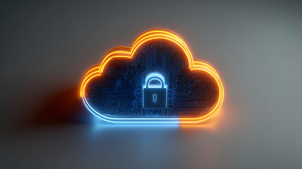 Secure digital cloud data protection with illuminated circuit board padlock and glowing neon outline