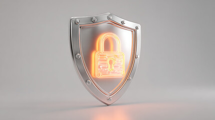 Gleaming metallic shield with glowing digital padlock signifies robust cybersecurity and data protection for modern businesses
