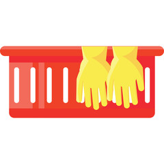 Red plastic cleaning caddy basket with yellow rubber gloves hanging on the side for household chores and sanitation tools