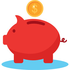 Red Piggy Bank With Gold Coin Falling Into Slot On A Light Blue Surface With White Background Illustration