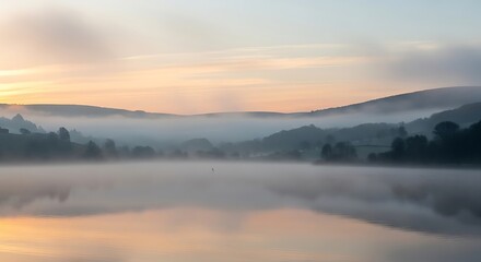 Fototapeta premium Misty Lake Sunrise Over Rolling Hills.