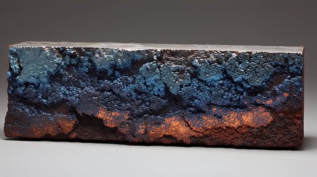 A rectangular art piece shows a gradient from copper and warm tones up to dark blue and white with a shiny top edge. The surface texture is rough