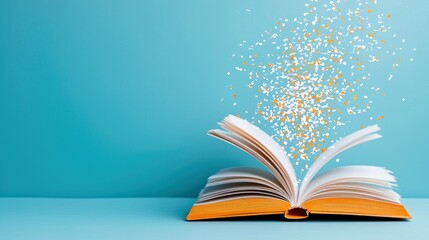 An open book with white pages and an orange cover, with a cloud of white and orange confetti exploding upwards from its pages against a teal background.