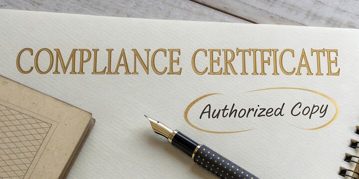 Elegant compliance certificate displayed on textured paper, featuring an authorized copy label and a sophisticated fountain pen