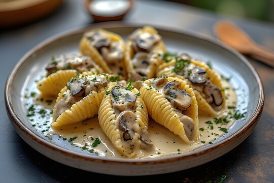 mushroom alfredo stuffed pasta shells on a plate