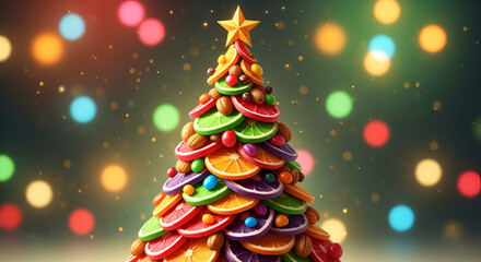 Festive christmas tree created with colorful dried fruit, granola, nuts, and a bright star, surrounded by bokeh lights