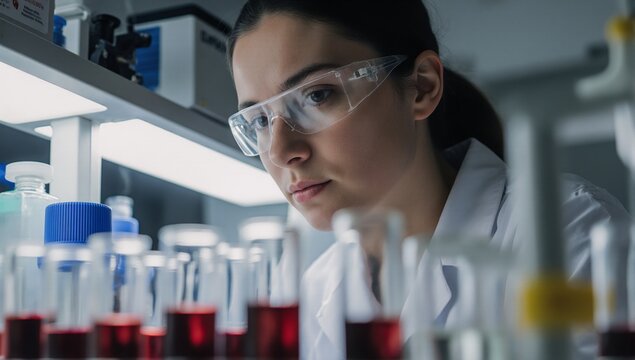 A laboratory technician examines blood samples in test tubes for medical research