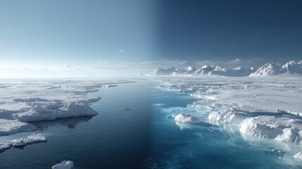 Fototapeta premium Expansive Arctic Landscape with Ice Floes, Smooth Water, Snow-Capped Mountains Under Clear Blue Sky