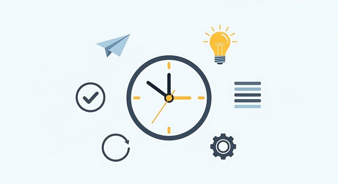 Time Management and Productivity Illustration with Clock and Icons.