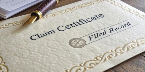 Elegant Claim Certificate Document with Decorative Border and Fountain Pen on Wooden Desk Surface for Legal or Financial Use