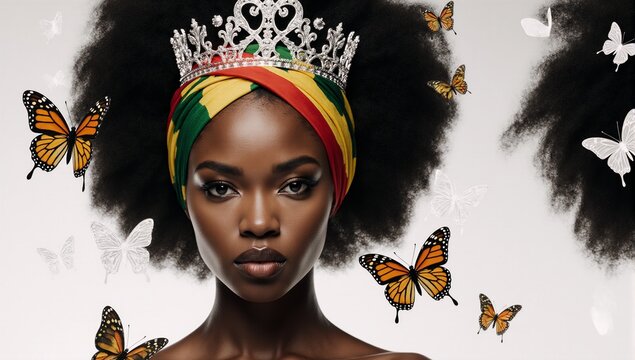 Rasta-inspired t-shirt design featuring a queen with an Afro and butterfly headwrap