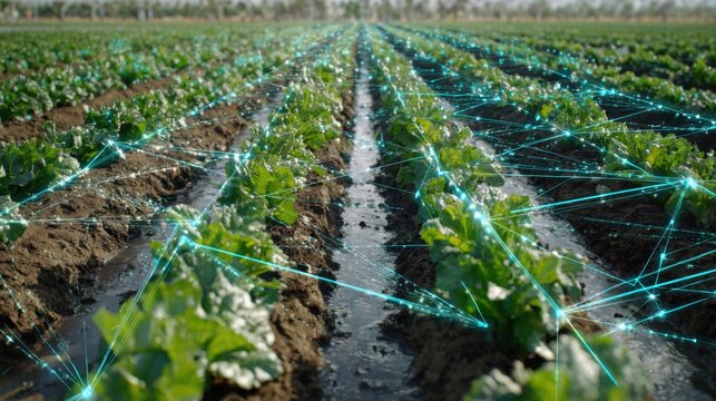 Futuristic Farm Field with Digital Connections Enhancing Crop Growth and Agricultural Innovation in Modern Farming Practices - Powered by Adobe