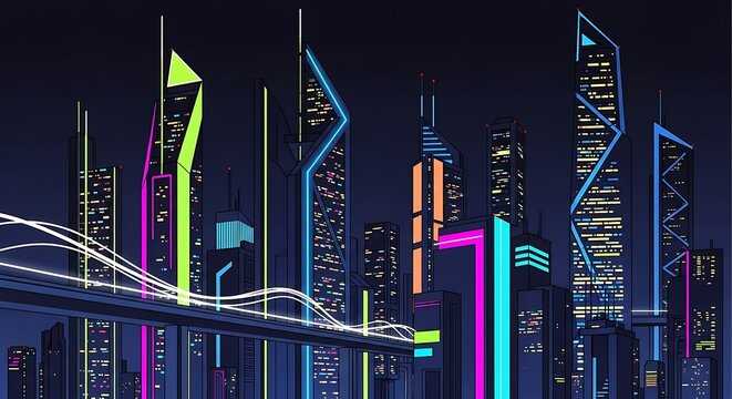 Futuristic Cityscape with Neon Lights and Modern Architecture.
