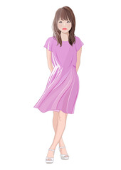 足を交差して立つワンピースの少女イラスト