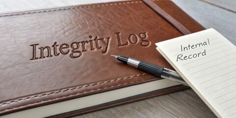 Elegant integrity log book with a pen and notepad showcasing internal record keeping for professional documentation needs