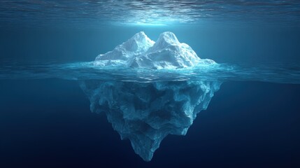 Majestic Iceberg Below Water Surface Surrounded by Deep Blue Ocean and Soft Light Creating Mystical Atmosphere