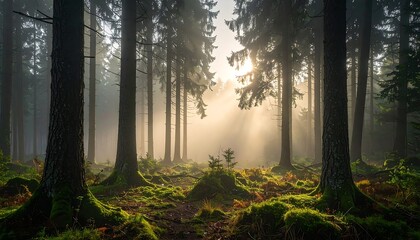 A misty forest scene. Sunlight streams through tall trees, illuminating the undergrowth and creating a serene, natural atmosphere