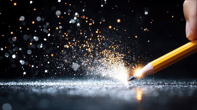 A close-up shot shows a yellow pencil tip creating a burst of sparks and light particles against a dark, reflective surface.