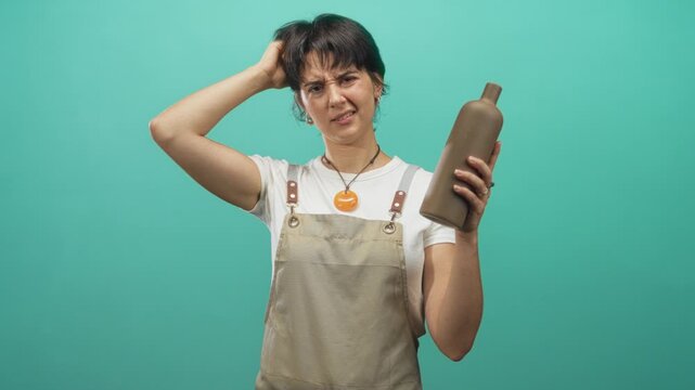 Woman wearing apron holding a pottery bottle, scratching head with hand in studio while inspecting a glazed ceramic piece and pendant; confusion.
