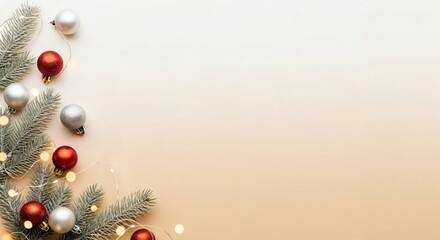 Elegant Christmas background with frosted fir branches, shiny red and silver ornaments, and sparkling string lights creating a festive holiday border on a soft gradient surface.