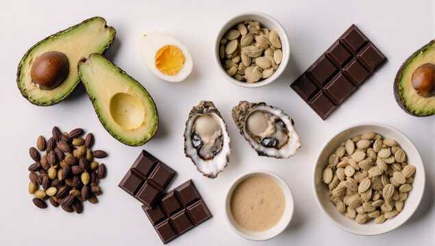 Health-focused flat lay showcasing testosterone friendly superfoods featuring pumpkin seeds avocado dark chocolate eggs and oysters in a clean design