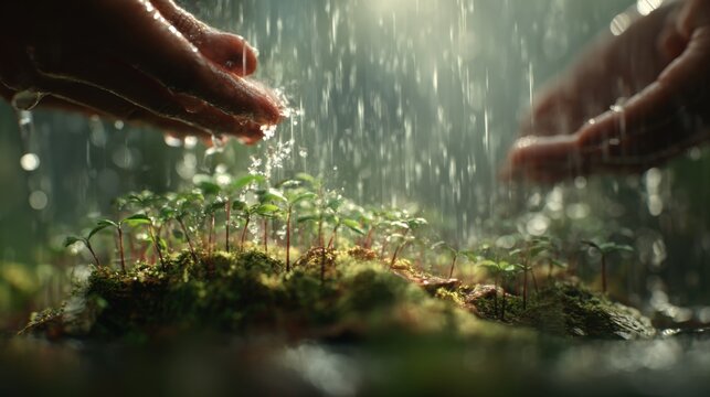 Nurturing Seedlings in Gentle Rain with Hands Supporting Growth in a Lush Nature Environment - Powered by Adobe