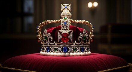 Luxurious royal crown decorated with gemstones placed indoors on elegant table, golden reflections, shallow depth, high-detail product photography style.