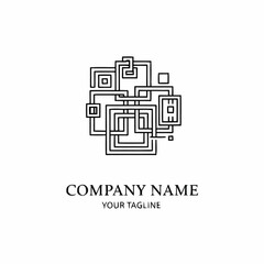 Geometric Abstract Logo Design with Interconnected Squares and Rectangles.