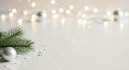 Elegant Christmas background with fir branch, silver ornament, falling snow, and festive bokeh lights.