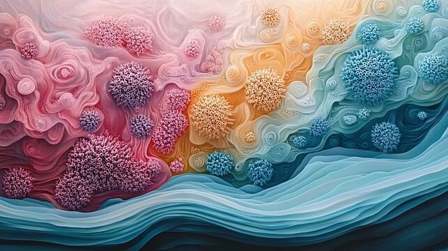An artistic abstract design presents detailed microbial structures. Color gradients flowing through these forms offer a visually captivating presentation of complex microscopic organisms and elements.