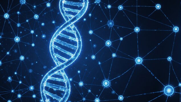 Digital transformation in genetic research visualized as a DNA helix amidst blue nodes