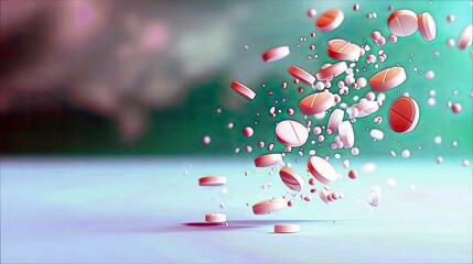 Numerous pink pills and capsules are scattered and floating in a dynamic composition against a soft, out-of-focus background.