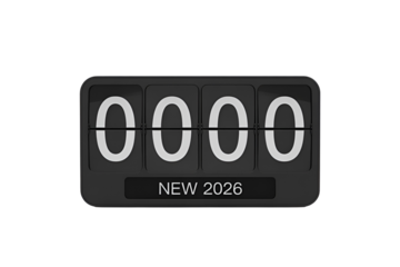 Flip clock showing the year 2025 isolated on transparent background