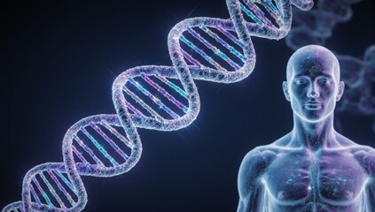 Digital artwork depicting a futuristic human figure with DNA elements in the biotechnology style