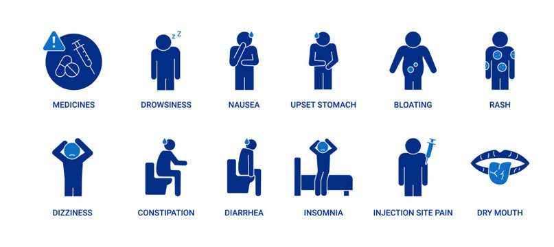 Side Effects icon set containing drowsiness, nausea, upset stomach, bloating, rash, dizziness, constipation, diarrhea, insomnia, pain at injection site, and dry mouth vector icons