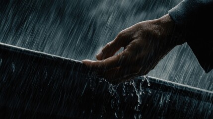 Dramatic Close-Up of a Human Hand Reaching Out to Water in Heavy Rain with Rainfall and Water Drops in Focus