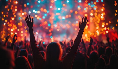 A beautiful woman raising her hands at a concert with a crowd and colorful lights creating a bokeh effect for live music