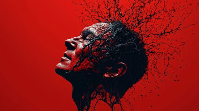 A striking visual represents the internal struggle of the human condition. A compelling stock image evoking themes of adversity and the human form. The red and black contrast is dramatic.