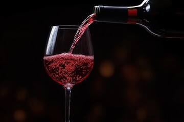 A bottle of red wine pouring into a glass isolated on a black background with soft shadows and bokeh effect