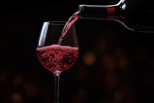 A bottle of red wine pouring into a glass isolated on a black background with soft shadows and bokeh effect