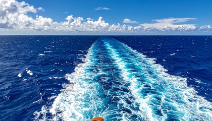 Azure sea, vast sky, frothy wake trails towards the horizon