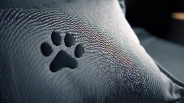 A pillow with a paw print on it. The pillow is black and white. Macro shot of paw print motif on hotel pillow, minimalist interior design, premium feel, pet friendly hotel