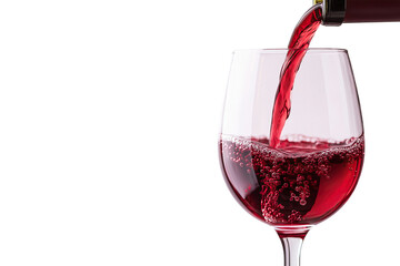 Red wine being poured into an empty glass from a bottle in closeup view against a transparent background for beverage concepts