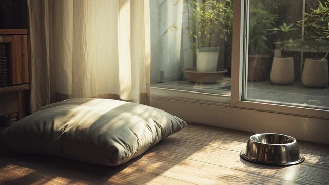 A metal dog bowl is placed on the floor. Macro shot of pet-friendly corner with small cushion, water bowl, and sunlight streaming in, calm interior composition, pet friendly cafe design