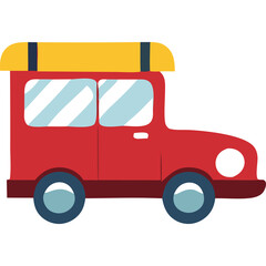 Red Retro Adventure Vehicle With Yellow Luggage Rack On Top And Blue Trimmed Wheels Ready For Travel On A White Background With A Transparent Background