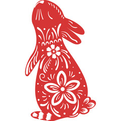 Red Rabbit Silhouette with Intricate Floral Patterns on Transparent Background Traditional Chinese Paper Cutting Art Symbolizing Luck and Prosperity