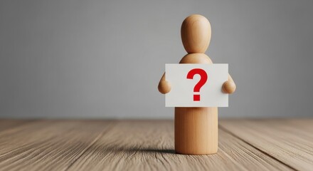 Wooden figure holds white card displaying a large red question mark.