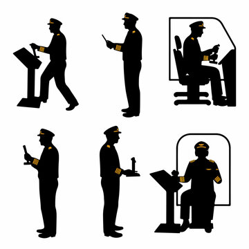 Six vector silhouettes of captains or pilots in uniform, engaging with steering controls, screens, or standing, isolated on white.