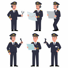 Vector illustration set of commercial airplane pilots in uniform posing with various aviation equipment like maps, joystick, and tools.